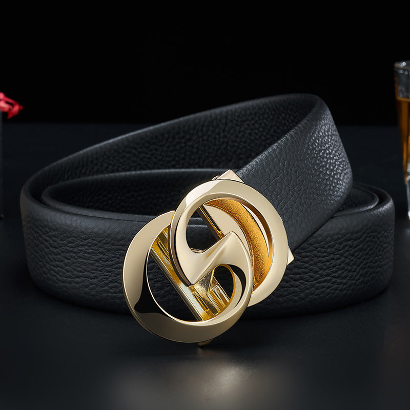 Men's gold Top-Grain Cowhide Automatic Buckle Belt in Light Luxury Style