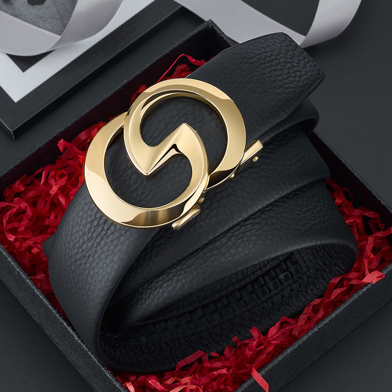 Men's Top-Grain Cowhide Automatic Buckle Belt in Light Luxury Style