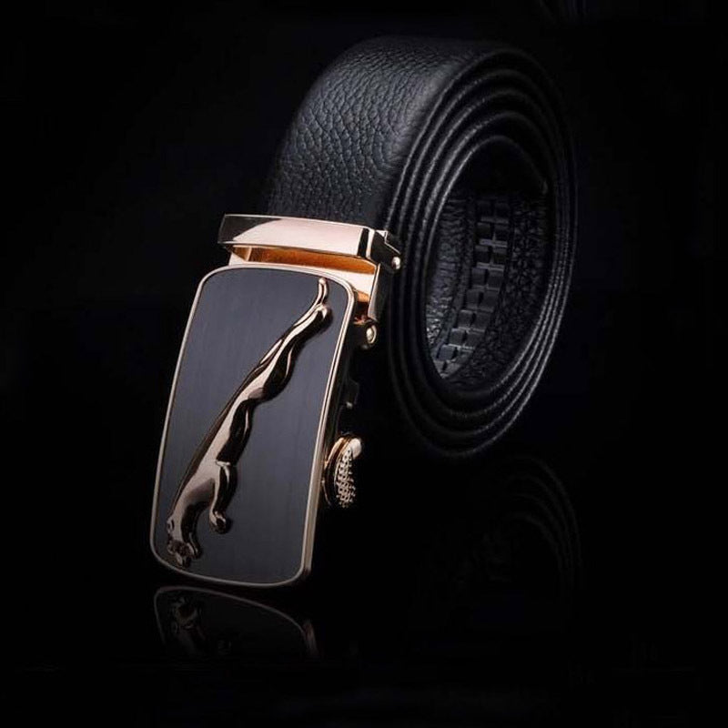 Men's black Top-Grain Cowhide Automatic Buckle Belt with Lychee Texture