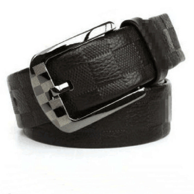 Men's black Top-Grain Cowhide Pin Buckle Belt with Plaid Texture