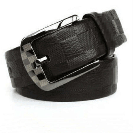 Men's black Top-Grain Cowhide Pin Buckle Belt with Plaid Texture