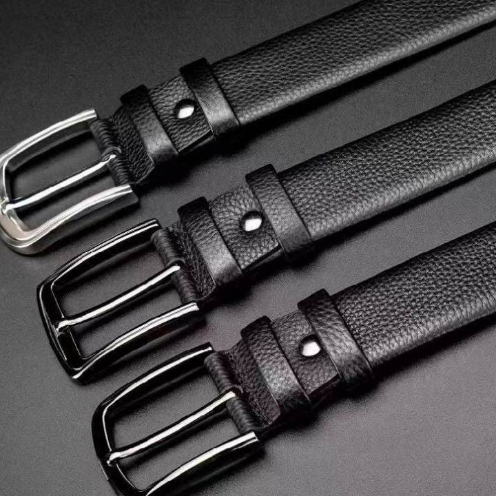 Men's Top-Grain Cowhide Pin Buckle Belt with Plaid Texture