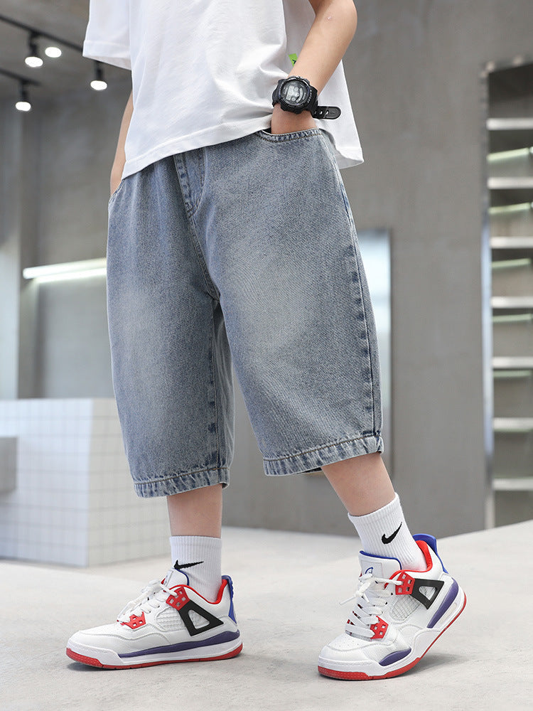Boys’ Loose Fit Denim Shorts Casual Summer Cotton Capri Pants