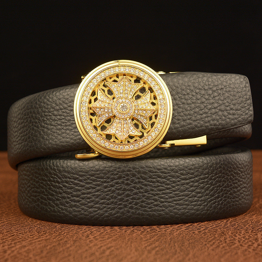 Men's gold Top-Grain Cowhide Belt with Rotating Automatic Buckle