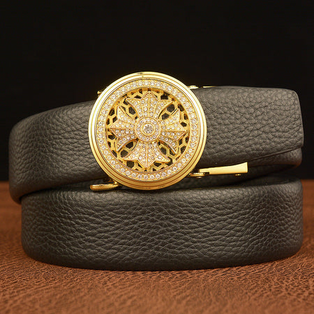 Men's gold Top-Grain Cowhide Belt with Rotating Automatic Buckle