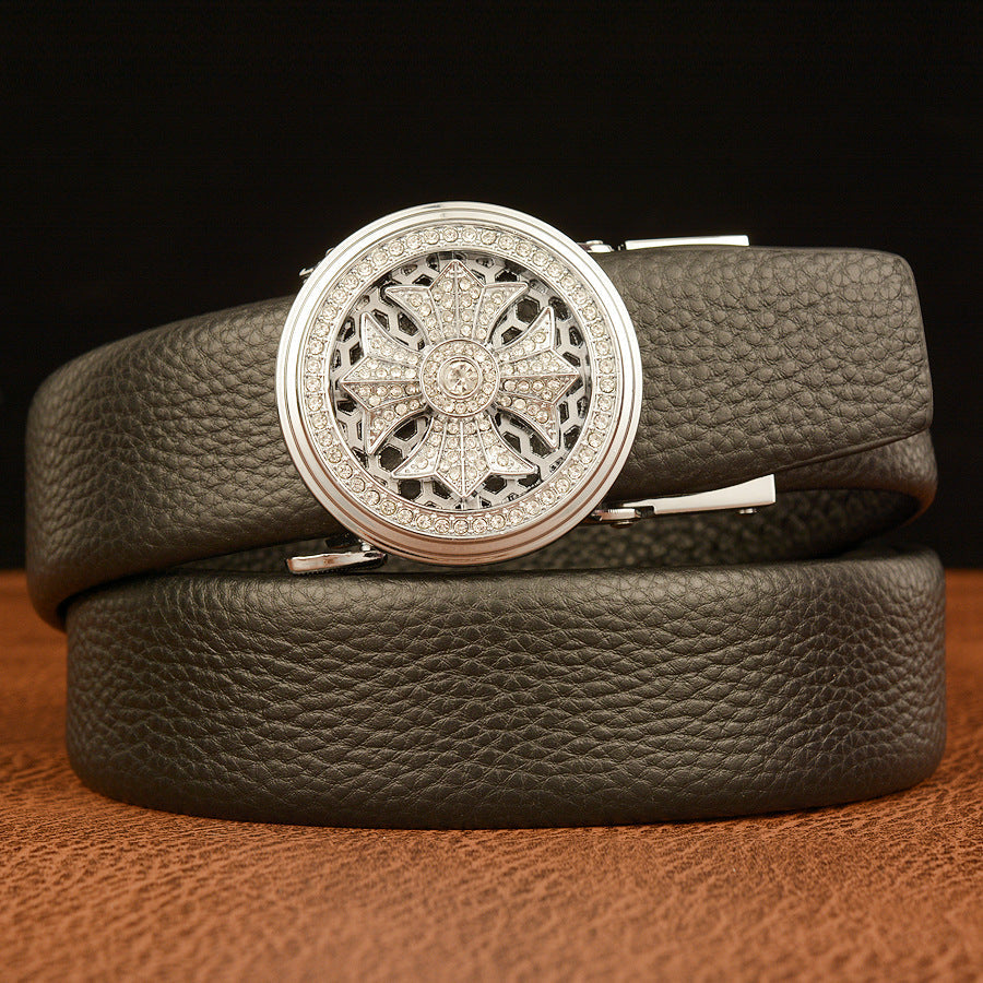 Men's Top-Grain Cowhide Belt with Rotating Automatic Buckle