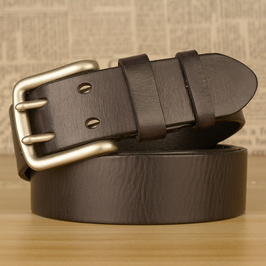 Men's brown Top-Grain Cowhide Double Pin Buckle Casual Belt