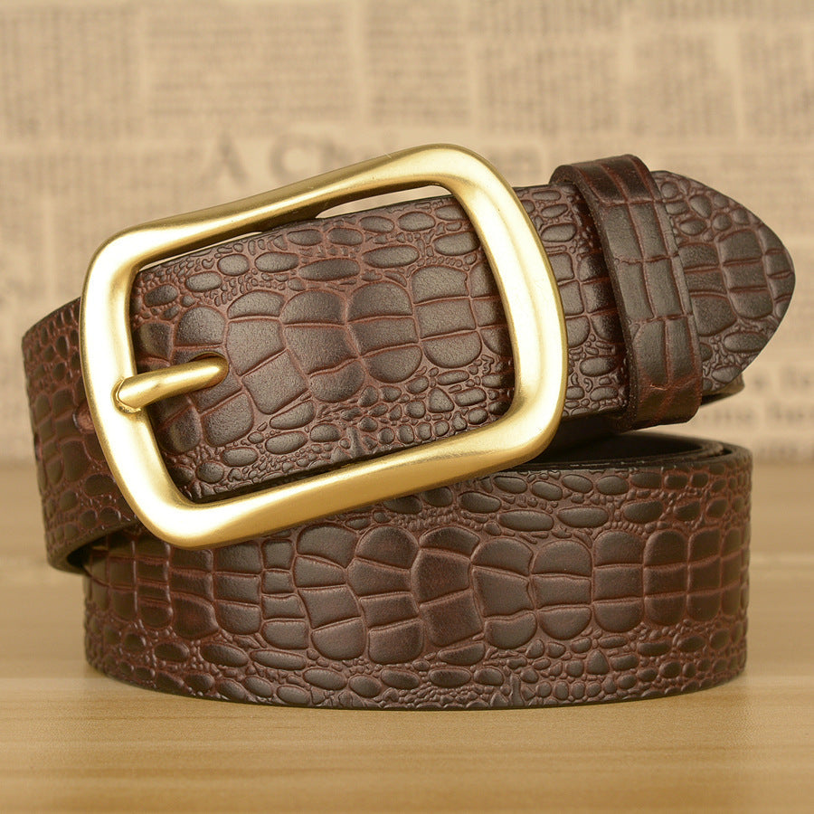 Men's Crocodile Texture Cowhide Belt with Copper Pin Buckle