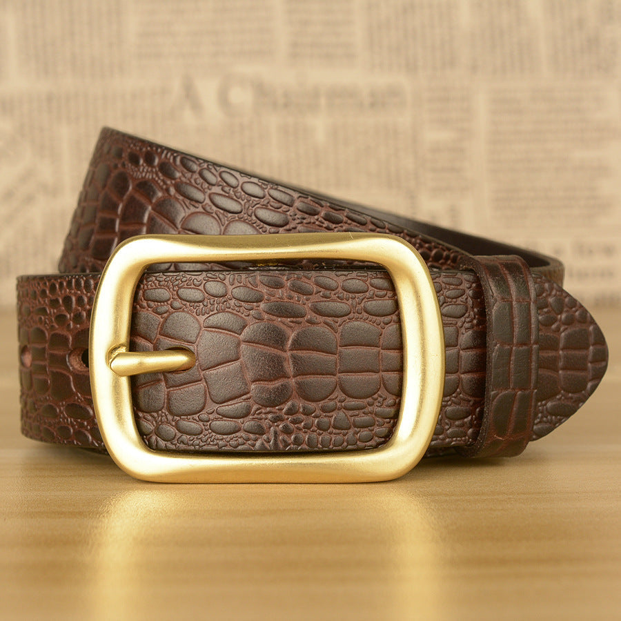 Men's Crocodile Texture Cowhide Belt with Copper Pin Buckle