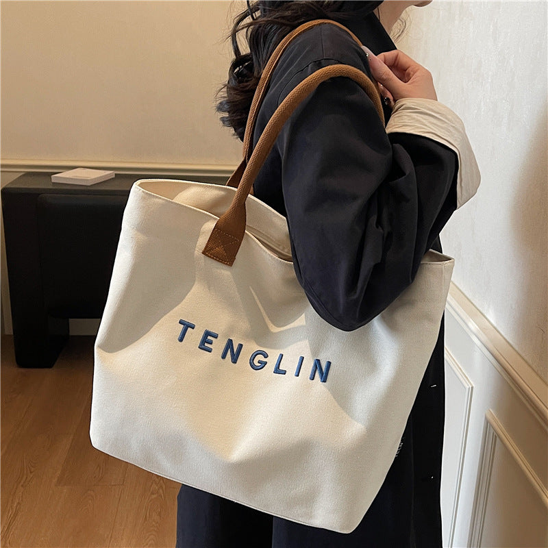 Casual Letter Embroidered Large Capacity Canvas Tote