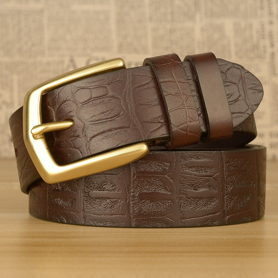 Men's Crocodile Pattern Calf Leather Belt with Copper Buckle