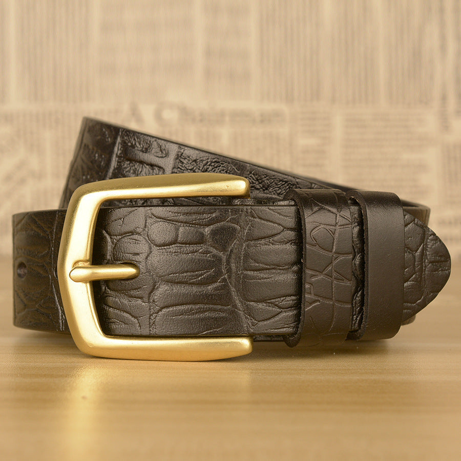 Men's Crocodile Pattern Calf Leather Belt with Copper Buckle