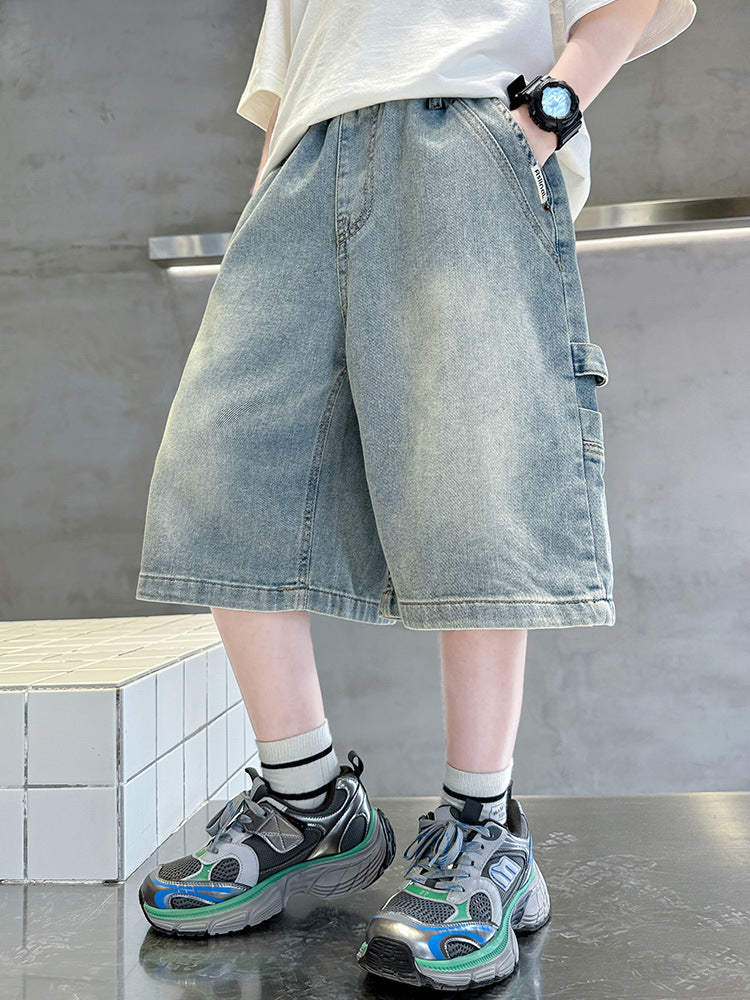 Boys’ Denim Cargo Shorts Loose Fit Summer Utility Shorts