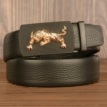Men's black Top-Grain Cowhide Belt with Animal Buckle Design