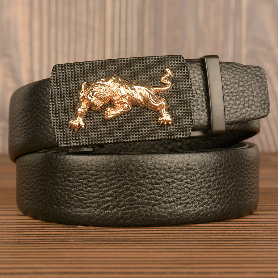 Men's black Top-Grain Cowhide Belt with Animal Buckle Design
