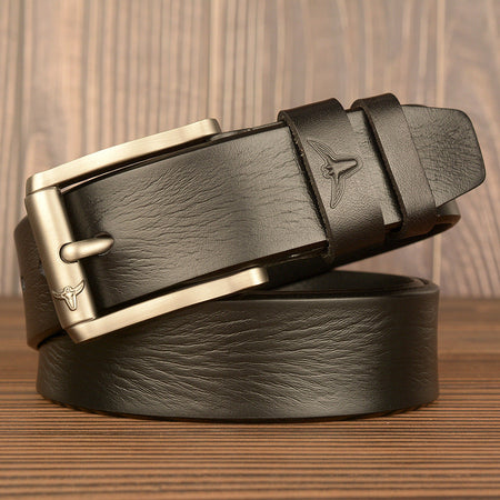 Men's black Top-Grain Cowhide Belt with Bull Head Buckle Design