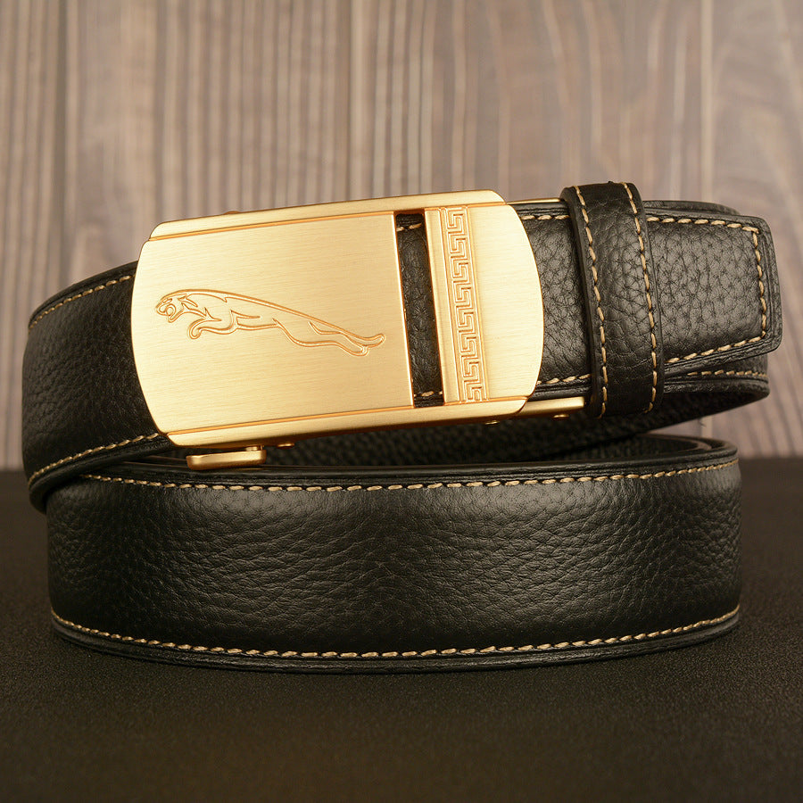 Men's black Top-Grain Cowhide Belt with Leopard Automatic Buckle
