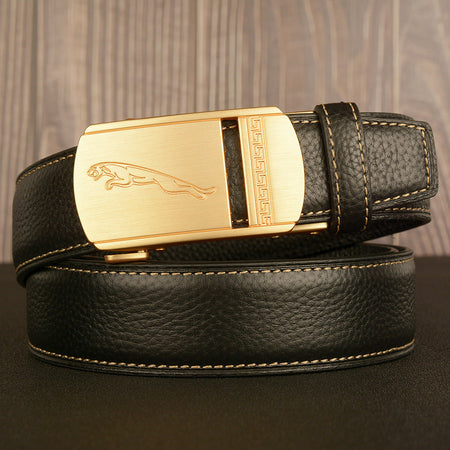 Men's black Top-Grain Cowhide Belt with Leopard Automatic Buckle