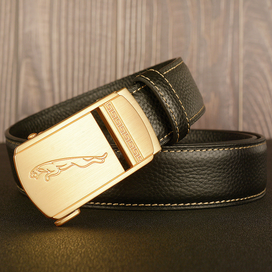 Men's Top-Grain Cowhide Belt with Leopard Automatic Buckle