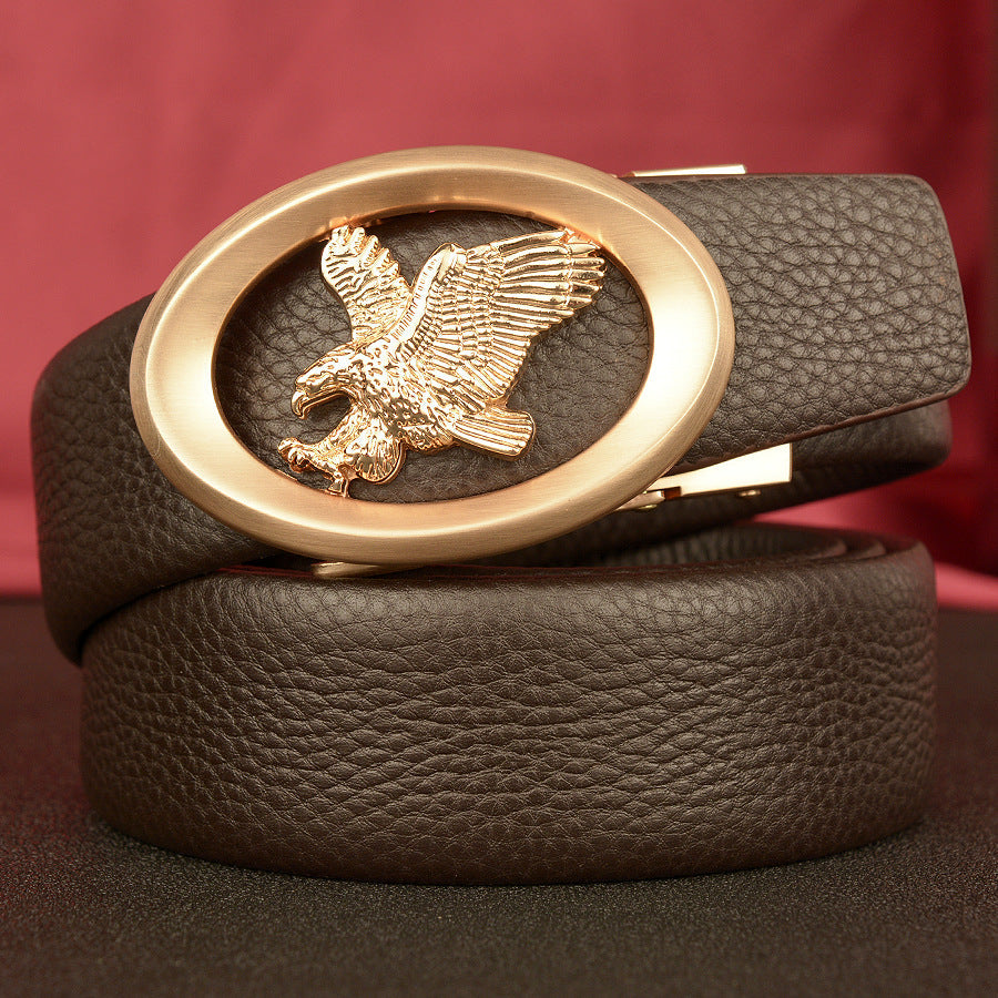 Men's black Top-Grain Cowhide Belt with Eagle Automatic Buckle