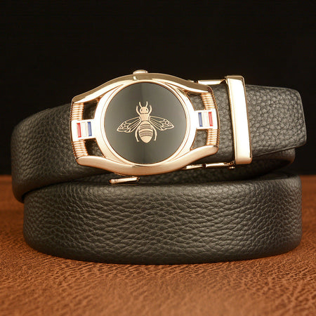 Men's black Top-Grain Cowhide Belt with Bee Automatic Buckle