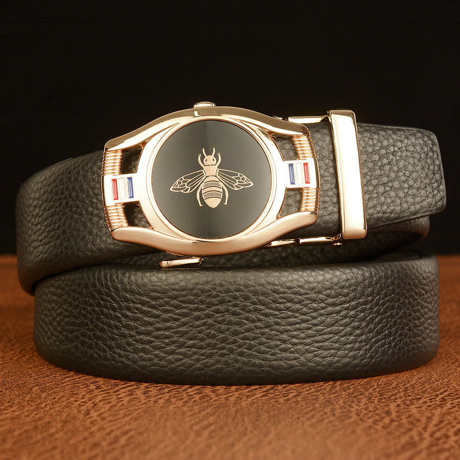 Men's black Top-Grain Cowhide Belt with Bee Automatic Buckle