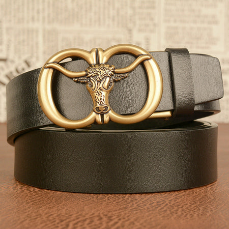 Men's black Cowhide Belt with Bull Head Automatic Buckle