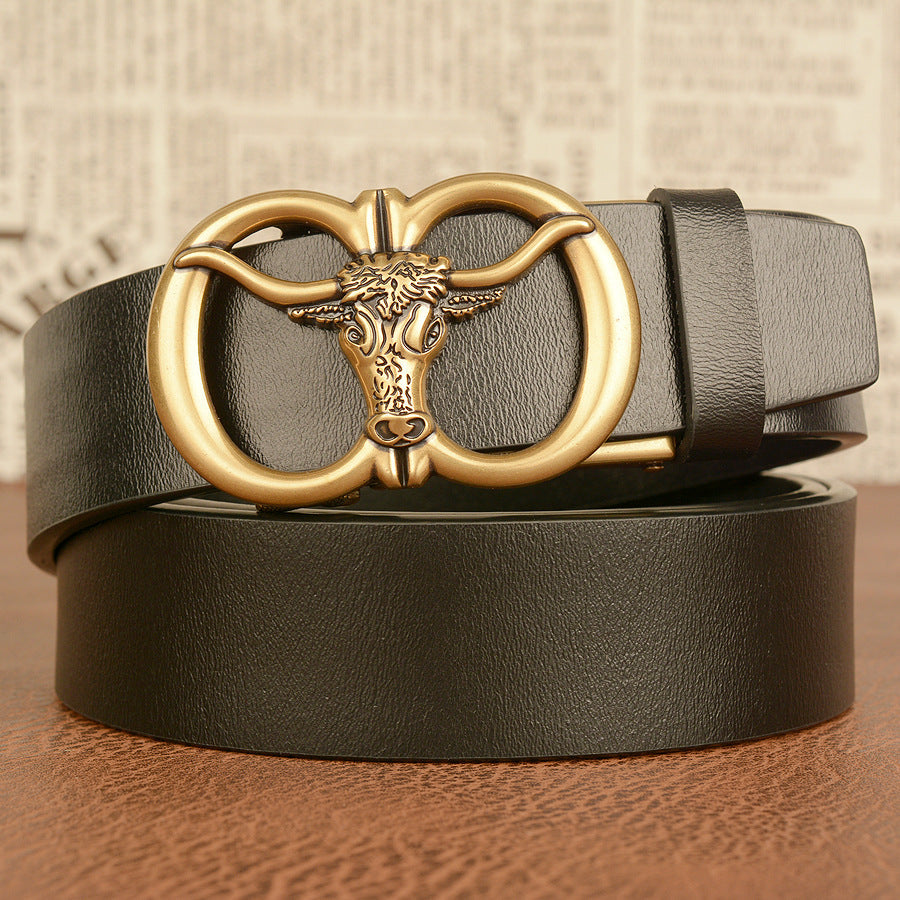 Men's black Cowhide Belt with Bull Head Automatic Buckle