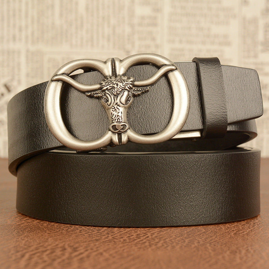 Men's Cowhide Belt with Bull Head Automatic Buckle