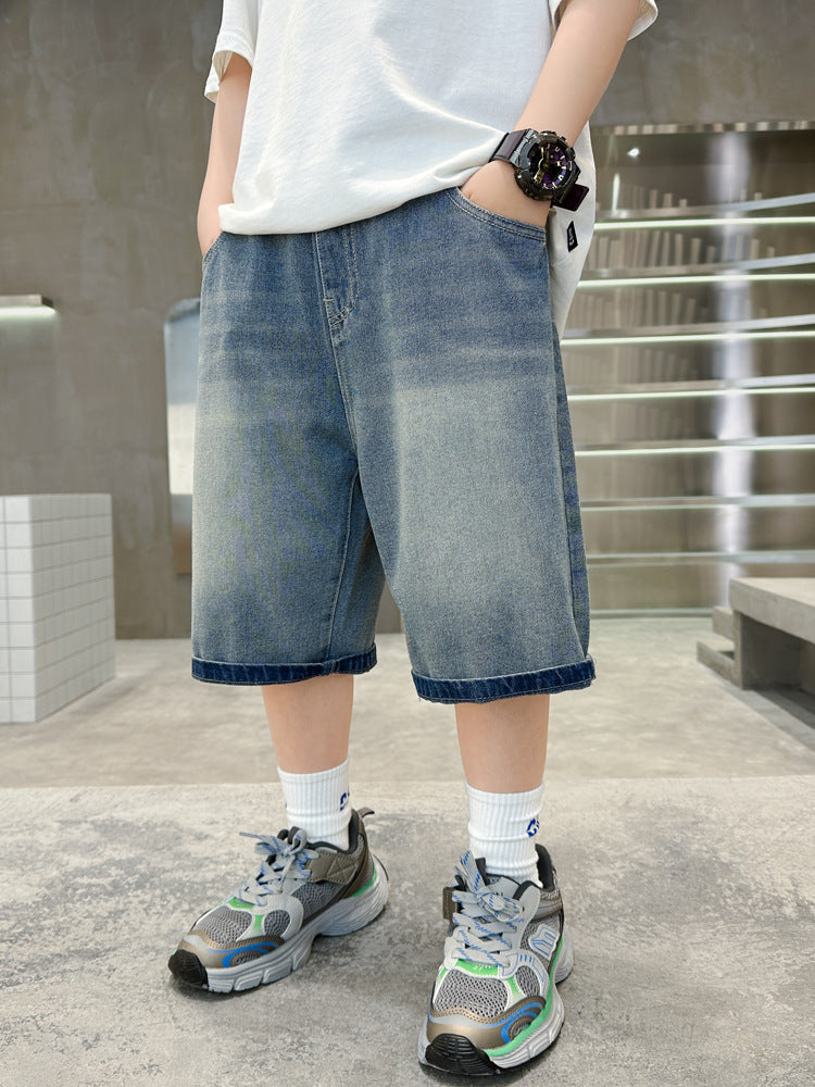Boys’ Loose Fit Denim Capris Casual Summer Knee-Length Pants