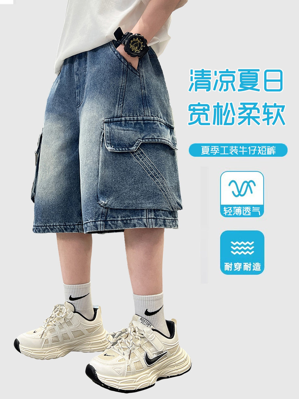 Boys’ Denim Overalls Shorts Loose Fit Summer Casual Pants