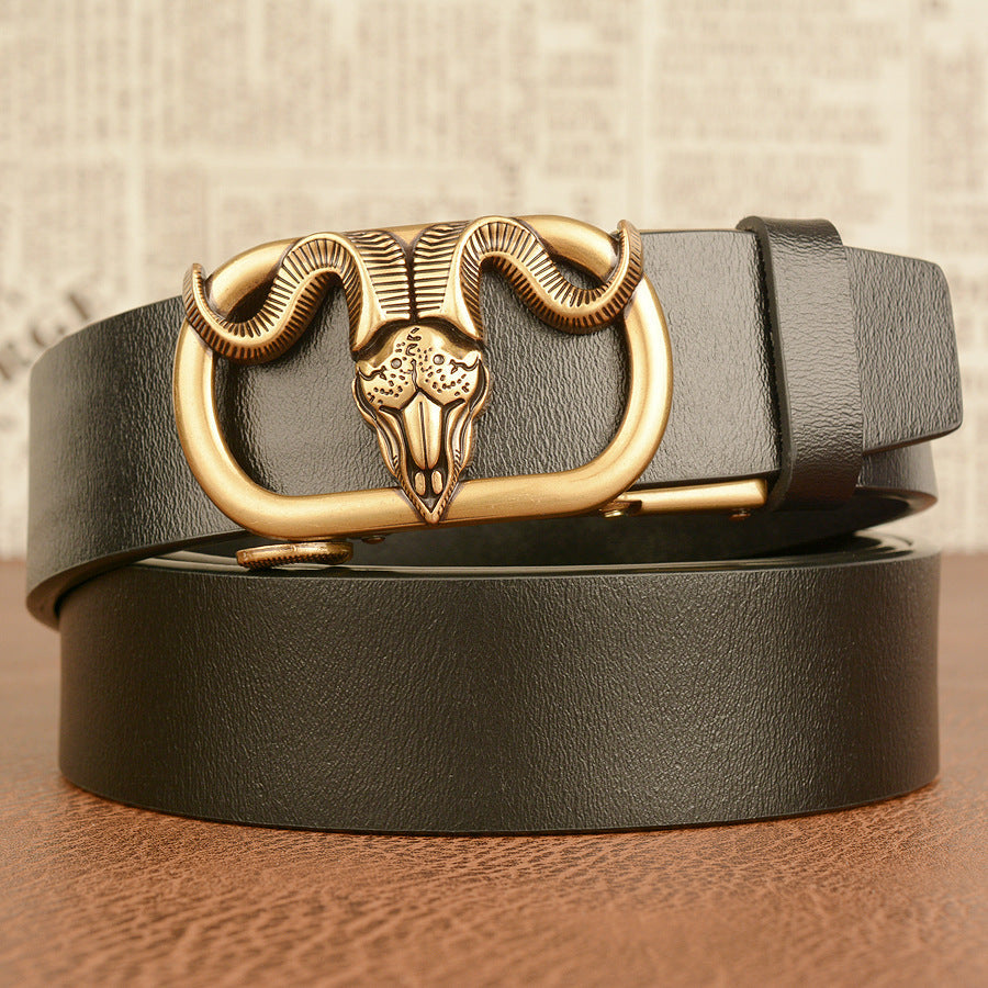 Men's black Cowhide Belt with Ram Automatic Buckle Design