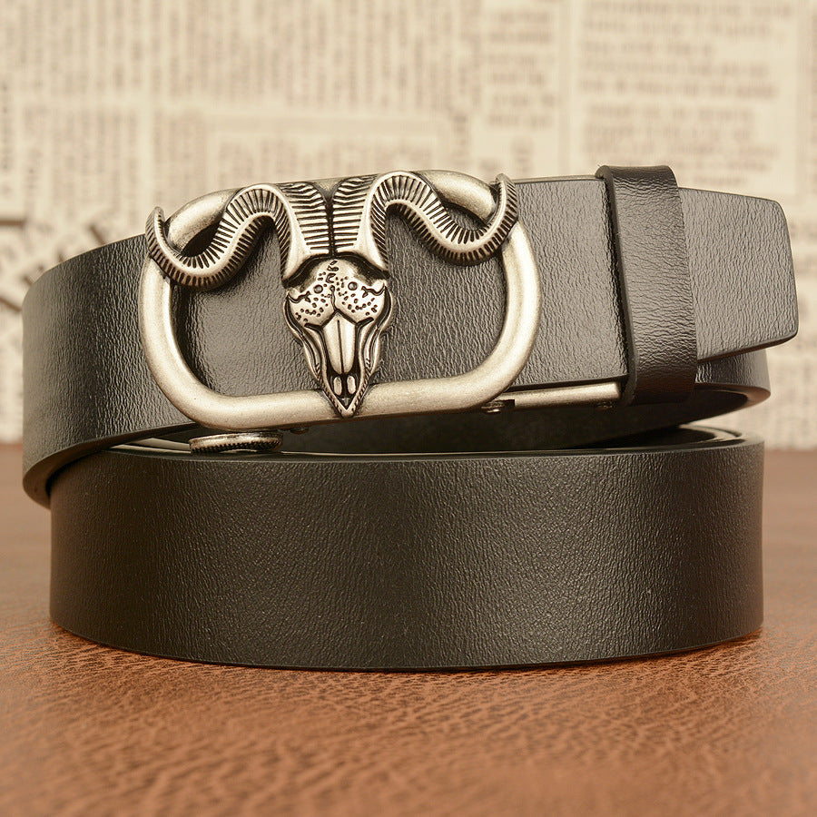 Men's Cowhide Belt with Ram Automatic Buckle Design