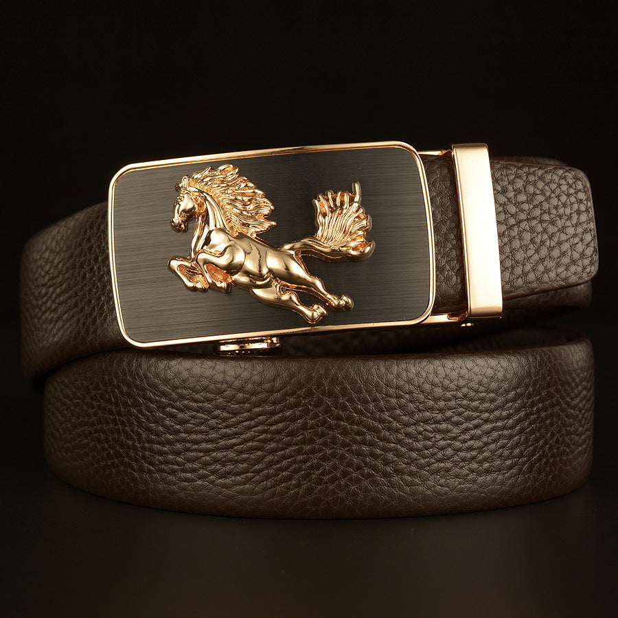 Men's black Top-Grain Cowhide Belt with Horse Automatic Buckle