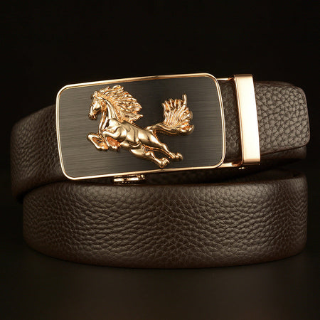 Men's black Top-Grain Cowhide Belt with Horse Automatic Buckle