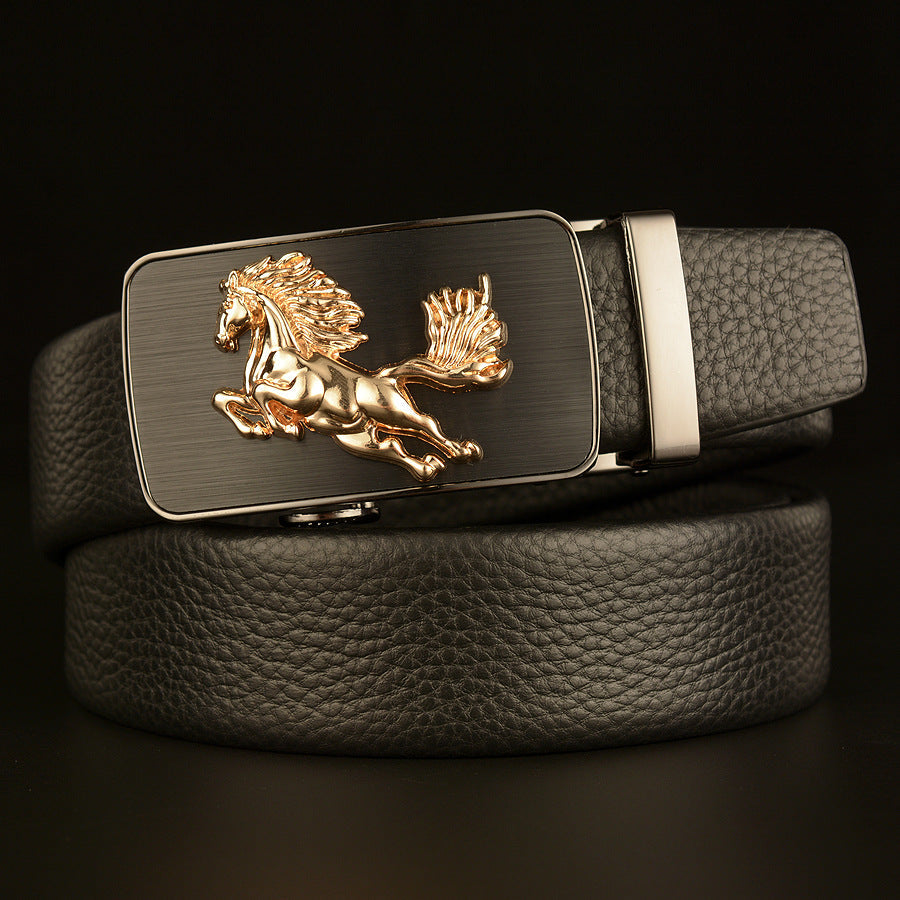 Men's Top-Grain Cowhide Belt with Horse Automatic Buckle