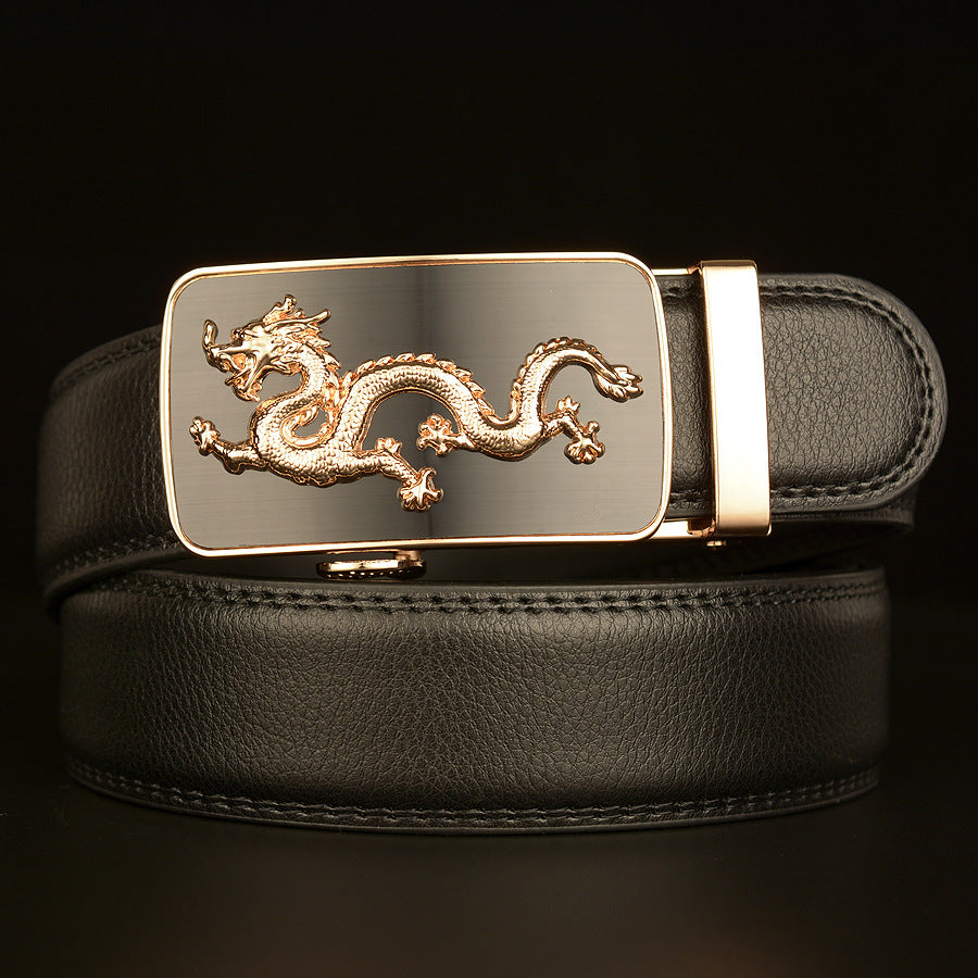 Men's black Cowhide Belt with Dragon Automatic Buckle Design