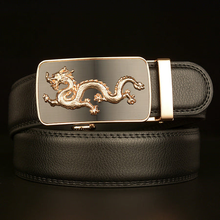 Men's black Cowhide Belt with Dragon Automatic Buckle Design