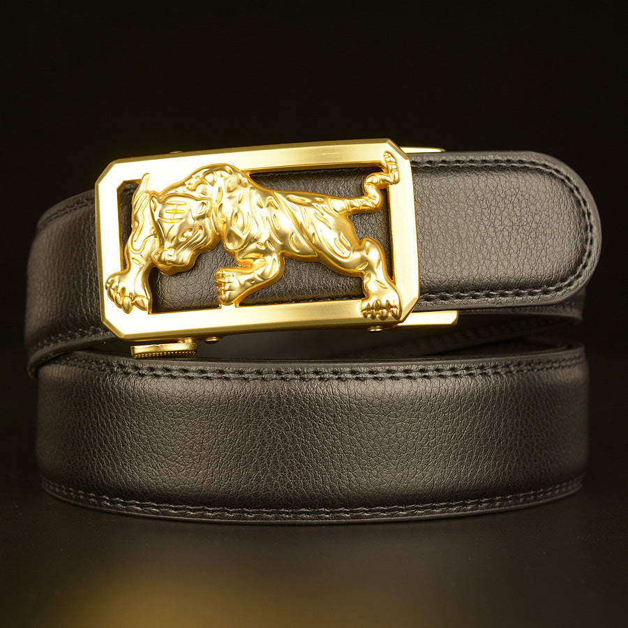 Men's black Cowhide Belt with Tiger Automatic Buckle Design