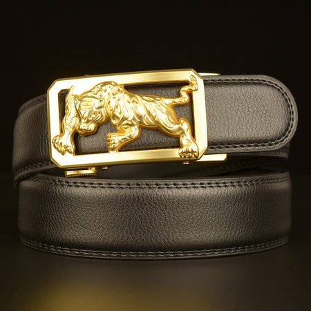 Men's black Cowhide Belt with Tiger Automatic Buckle Design