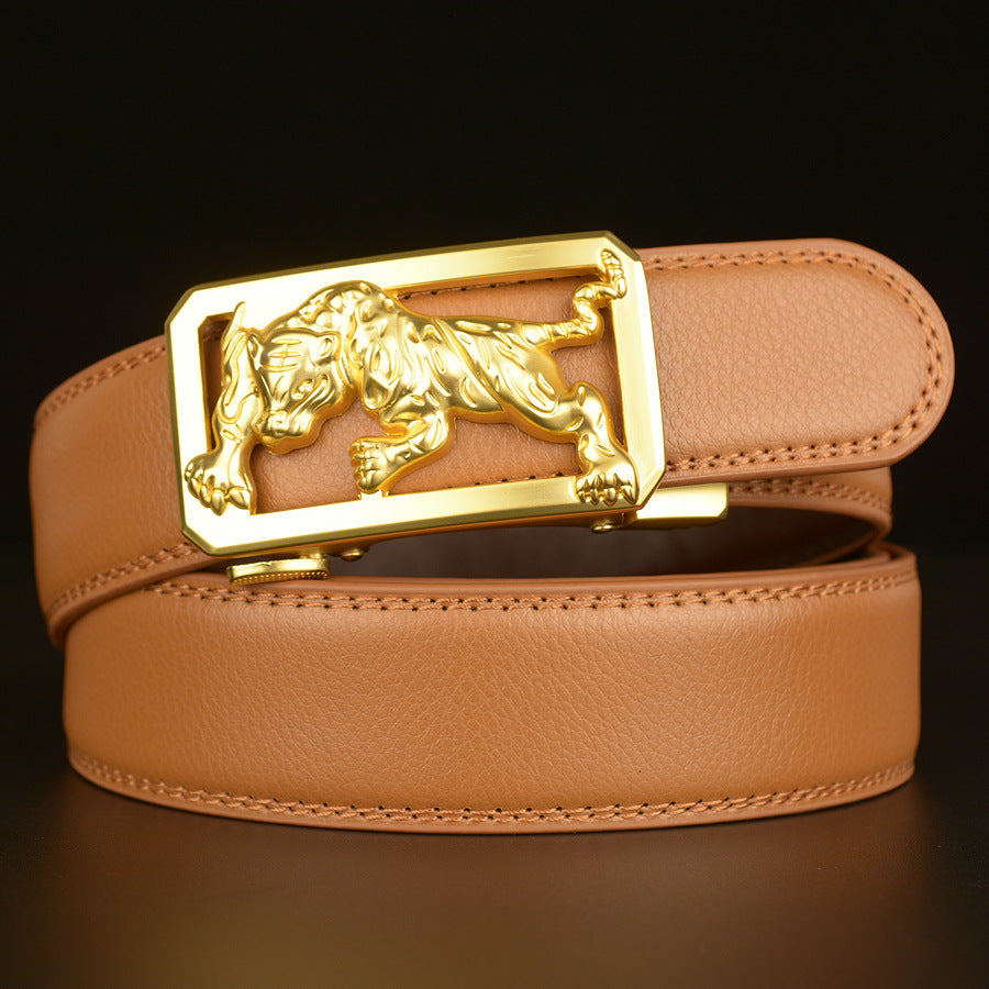 Men's Cowhide Belt with Tiger Automatic Buckle Design