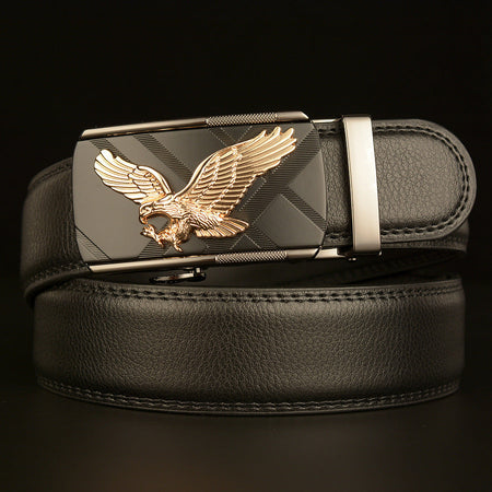 Men's black Cowhide Belt with Eagle Automatic Buckle Design