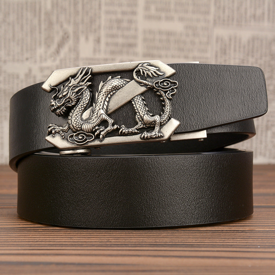 Men's black Cowhide Belt with Antique Dragon Automatic Buckle