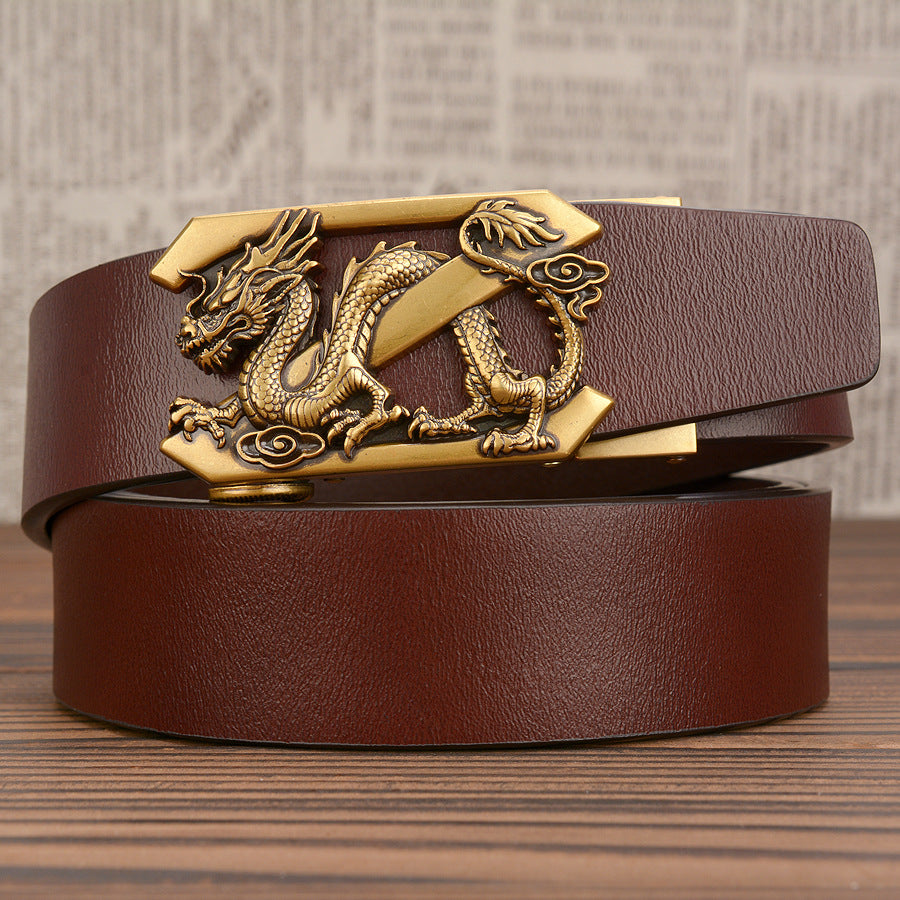 Men's Cowhide Belt with Antique Dragon Automatic Buckle