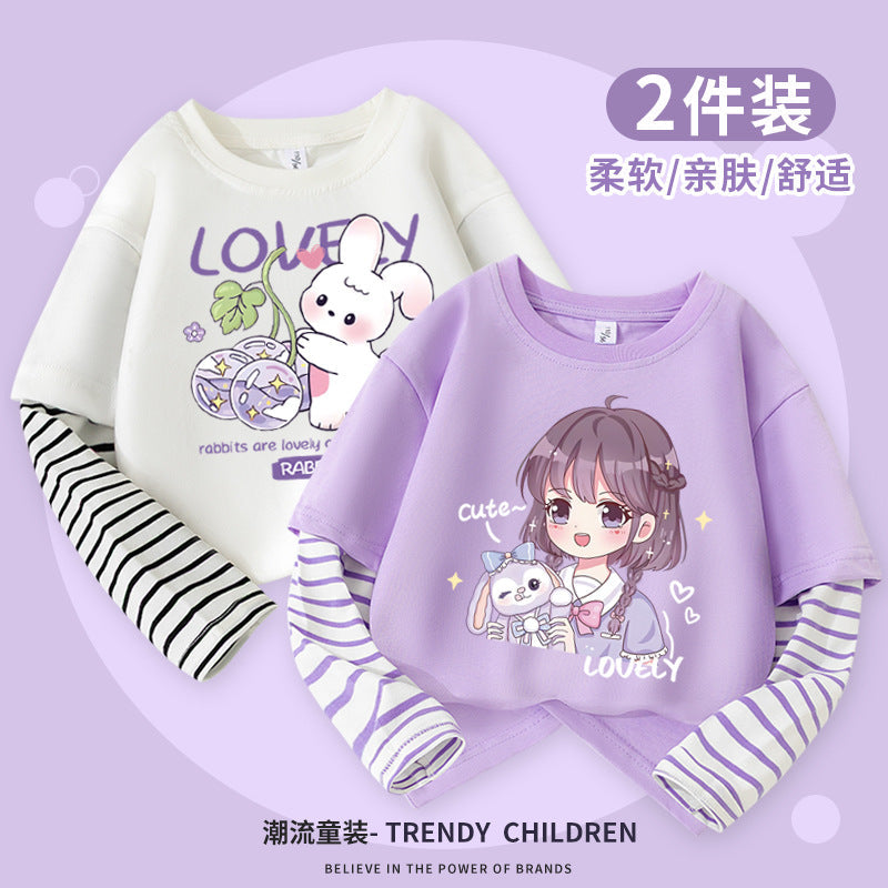 Girls’ Cotton Striped Sleeve Long Sleeve T-Shirt Casual Top