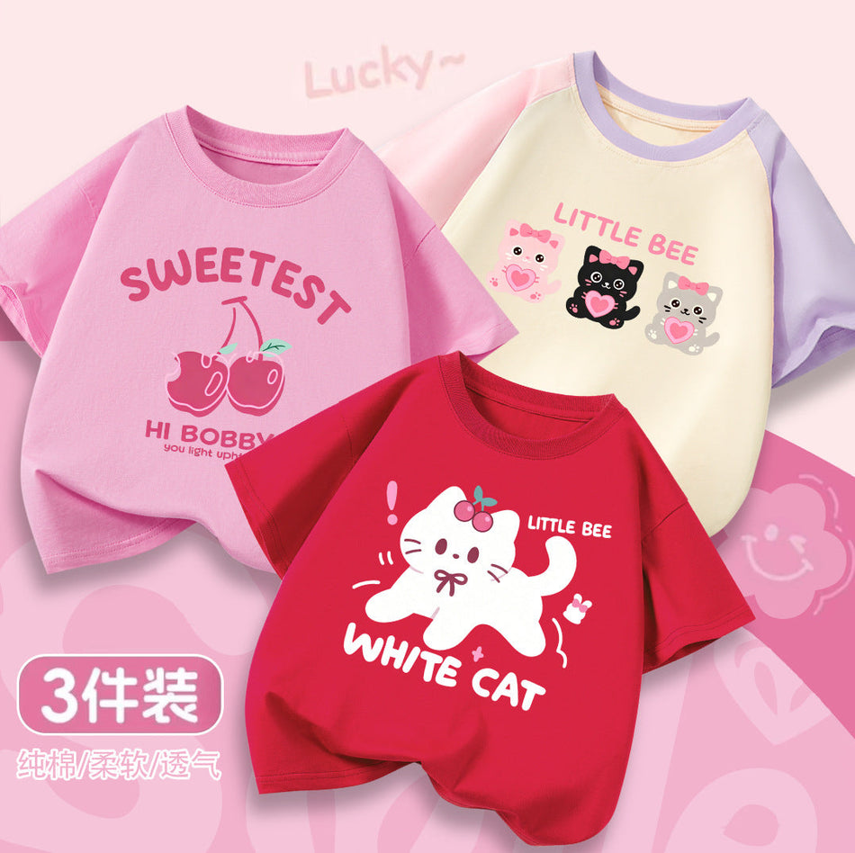 Girls’ Cotton Cartoon Print Short Sleeve T-Shirt Summer Top