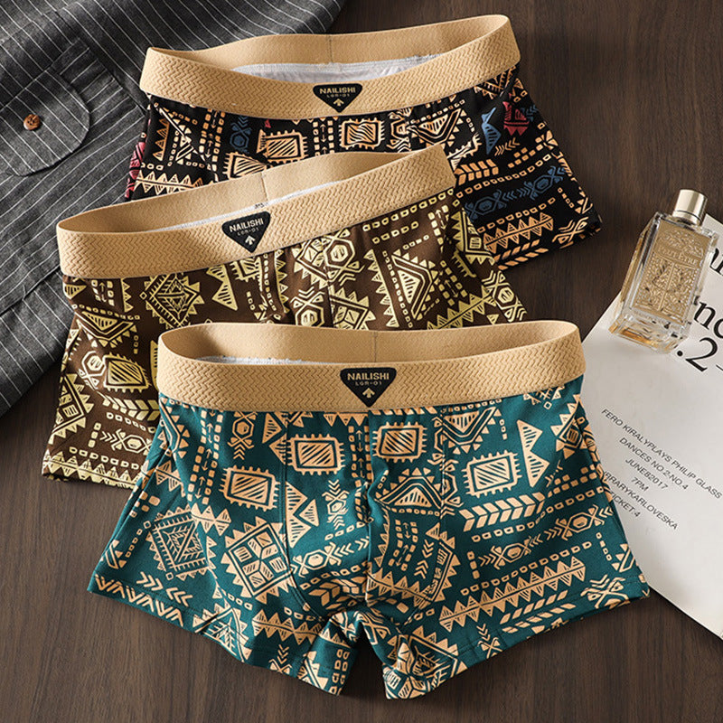 Black Mens Breathable Cotton Boxer Shorts Retro Ethnic Mid Waist Style