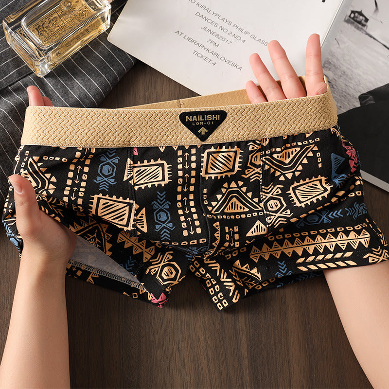 Mens Breathable Cotton Boxer Shorts Retro Ethnic Mid Waist Style