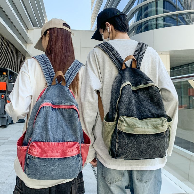 Korean Style Retro Denim Backpack Large Capacity Travel Bag