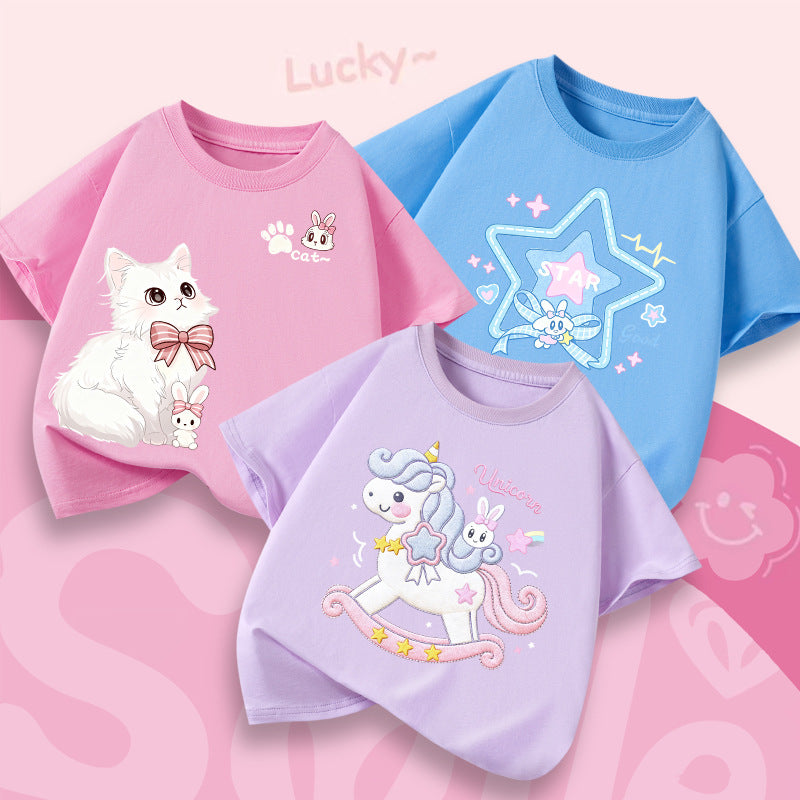 Girls’ Cotton Breathable Short Sleeve T-Shirt Summer Kids Top